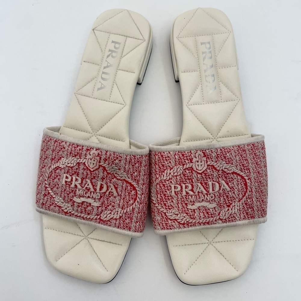 Prada Red White Jacquard canvas logo embroidered quilted leather sandals EU 38.5 - Picture 1 of 10